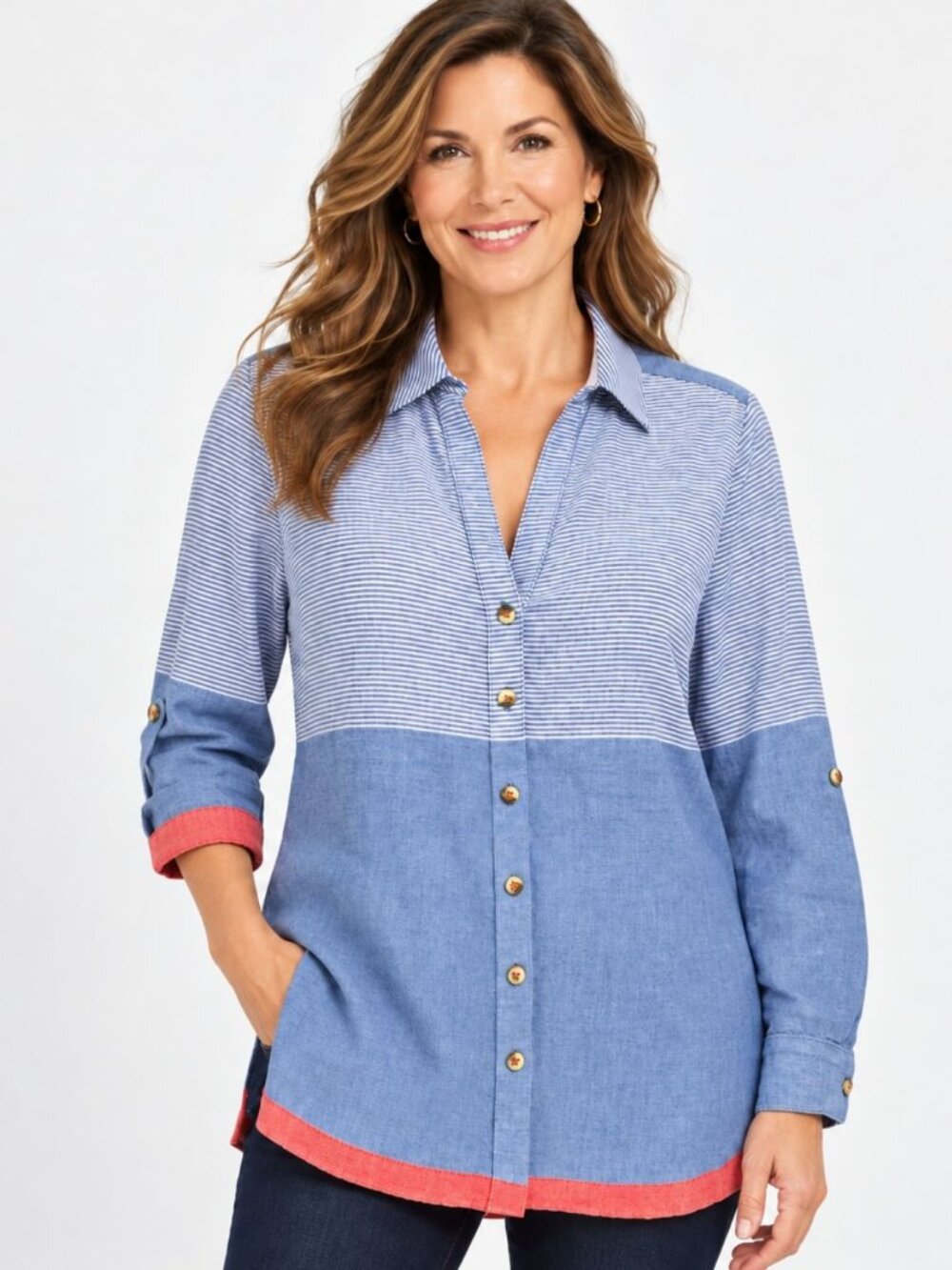 Chicos Stripe Mix Shirt Blue Red Trim Lightweight Roll Tab Sleeve Size 0